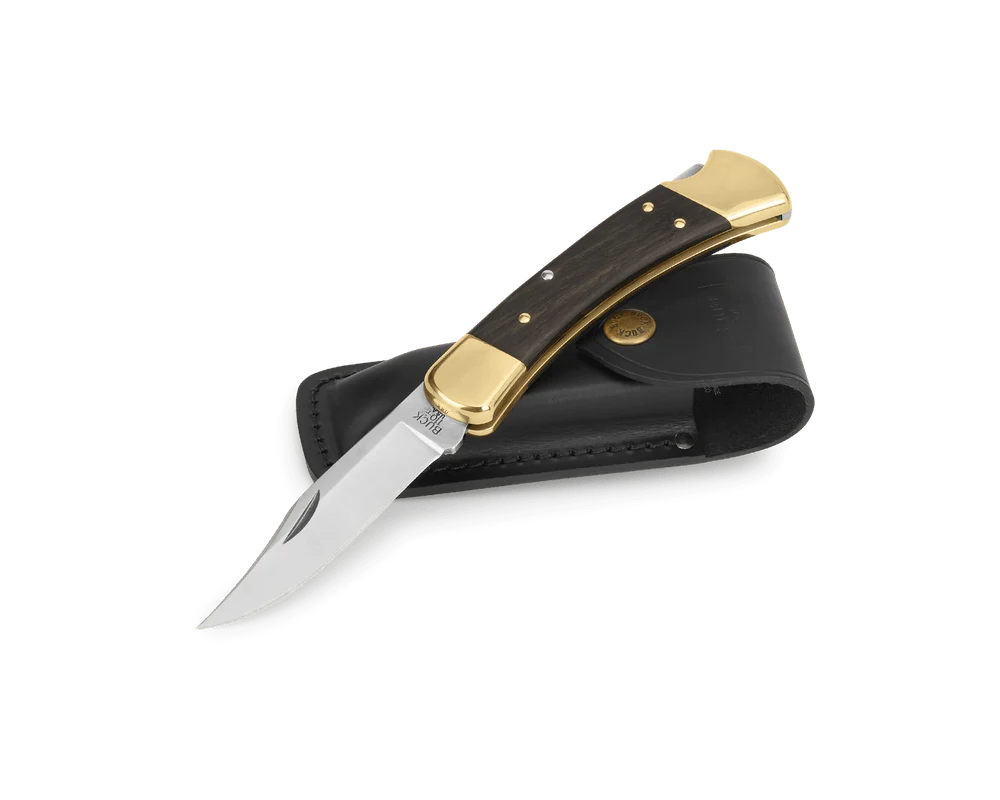 Buck 110 Folding Hunter knife with ebony handle, brass bolsters and leather sheath
