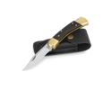 Buck 110 Folding Hunter knife with ebony handle, brass bolsters and leather sheath
