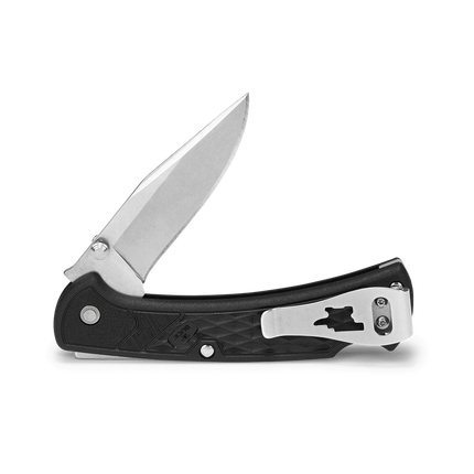 Buck 112 Slim Select lockback knife, open blade view, model 112BKS1