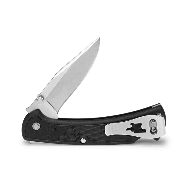 Buck 112 Slim Select lockback knife, open blade view, model 112BKS1