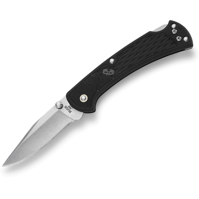 Buck 112 Slim Select lockback knife with black polymer handle, model 112BKS1