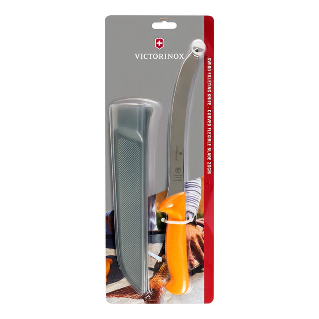 Victorinox Swibo 20cm curved flexible fillet knife with yellow handle and sheath, model 35981