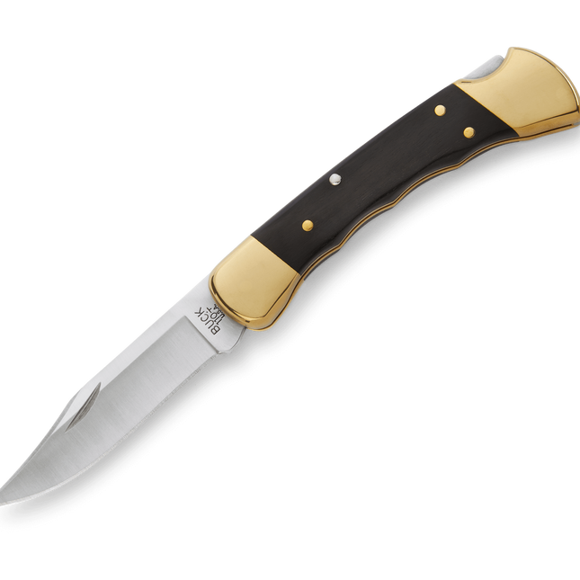 Buck 110 Folding Hunter Finger Grooved knife with leather sheath, model 110BRSFG
