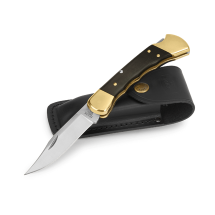 Buck 110 Folding Hunter Finger Grooved knife, ebony handle with brass bolsters, model 110BRSFG